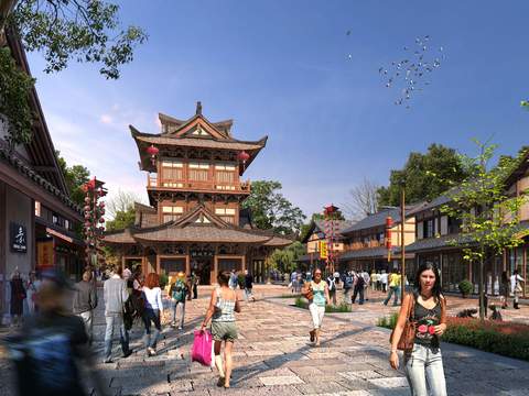 Neo-Chinese Style commercial street landscape psd