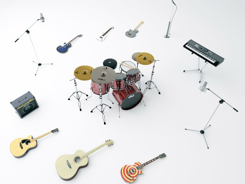 Modern Guitar Drums Piano Microphone Musical Instrument Combination