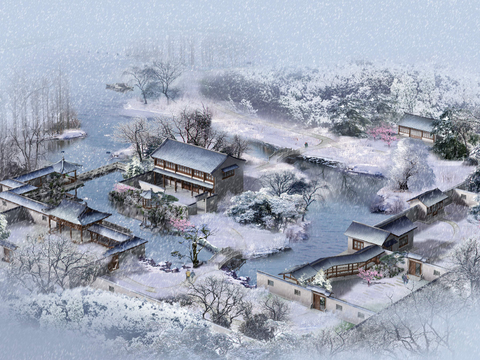 Neo-Chinese Style snow residential building appearance bird's eye view psd