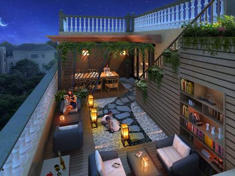 modern courtyard garden balcony night psd