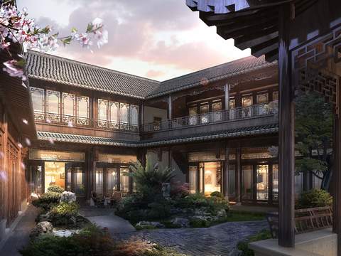 Chinese ancient building atrium psd