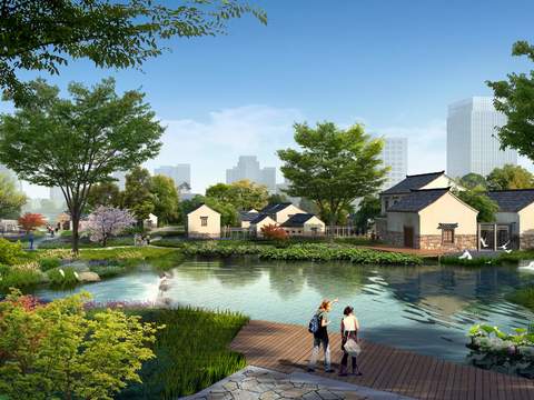 Neo-Chinese Style wetland park architectural appearance psd