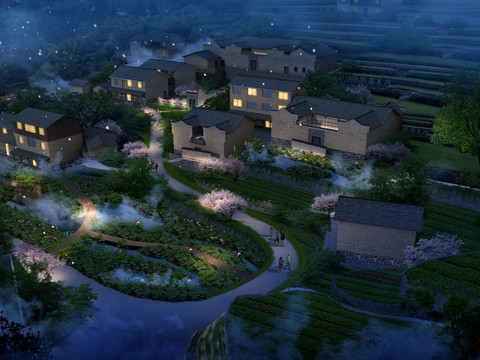 New Chinese residential building appearance night view bird's eye view psd