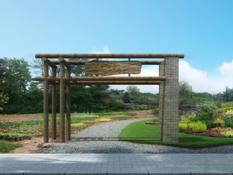 modern village entrance wooden frame flower lawn psd