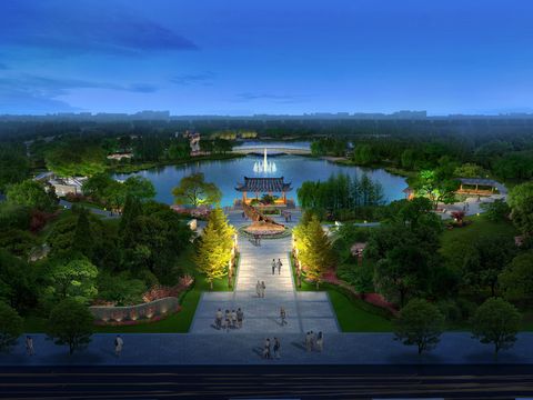 Neo-Chinese Style park pavilion night view bird's eye view psd