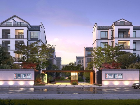 new chinese residential building entrance exterior landscape psd