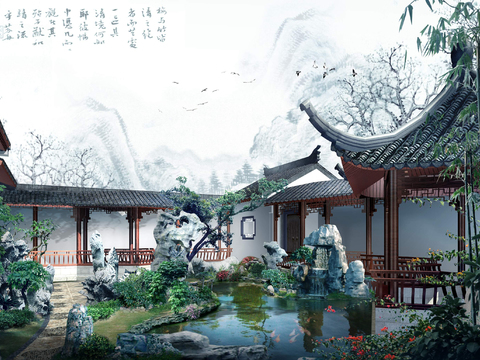 Neo-Chinese Style pavilion Garden Landscape pavilion psd