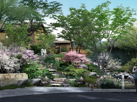 Neo-Chinese Style garden landscape sketch psd