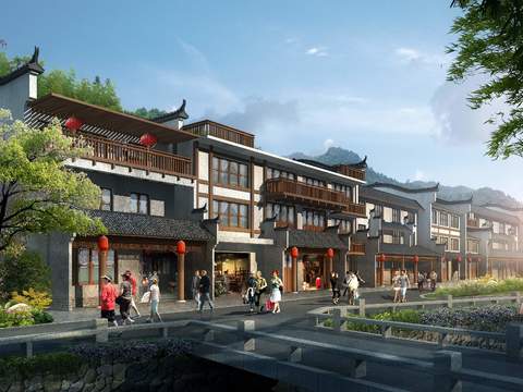 Neo-Chinese Style commercial building appearance psd