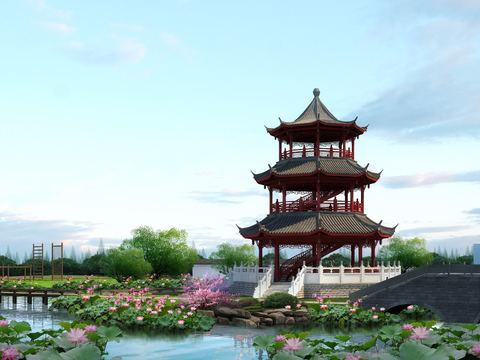 Chinese Ancient Pagoda Appearance Wetland Park psd