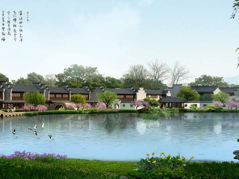 Neo-Chinese Style resort landscape psd