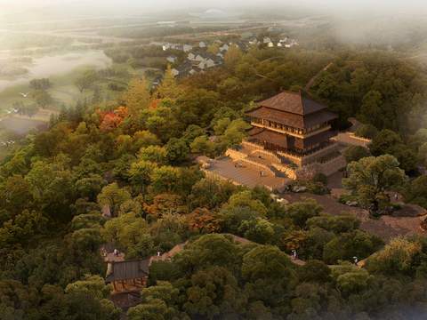 Chinese ancient building folk appearance bird's eye view landscape psd