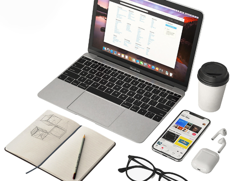 Laptop coffee cup mobile phone headset glasses