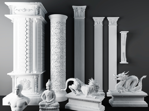 European-style Gypsum Carved Roman Column Figure Buddha Dragon Lion Sculpture Combination