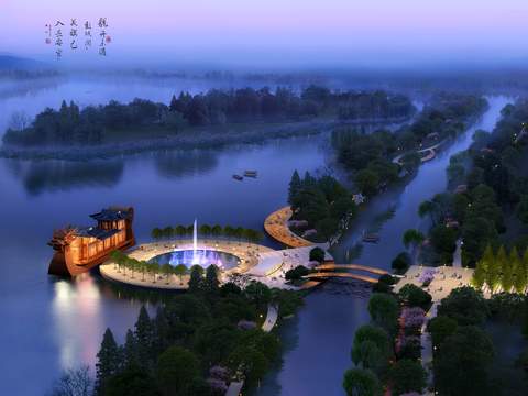 Neo-Chinese Style riverside park landscape psd