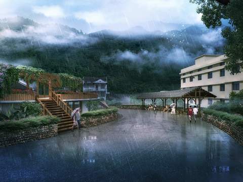 Chinese Beautiful Countryside Rain Scene psd