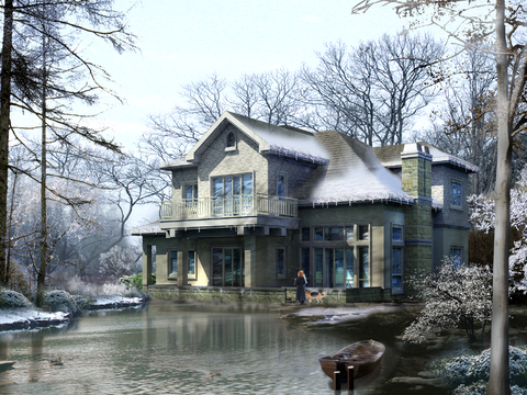 European-style single-family snow villa appearance psd