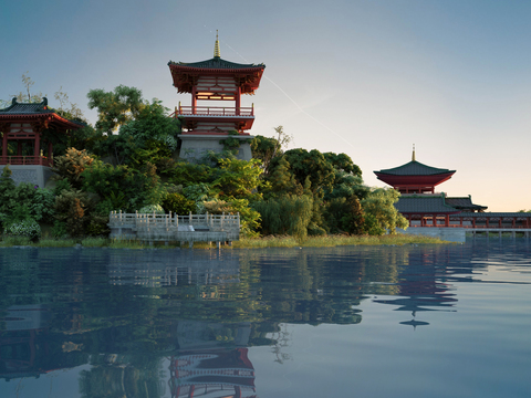 Landscape of Chinese Lakeside Covered Bridge