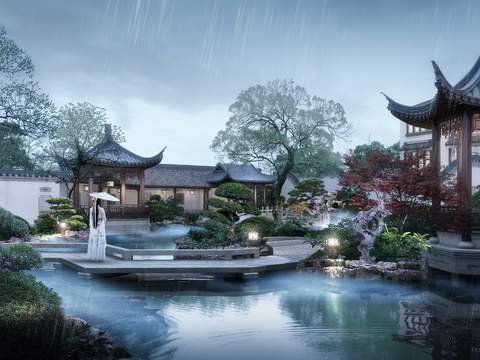 chinese courtyard garden landscape psd