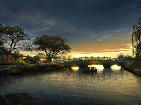 Neo-Chinese Style river boat night scene psd