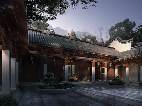 Neo-Chinese Style ancient building inner court psd