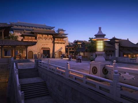 Neo-Chinese Style Ancient Building Appearance Night Scene psd