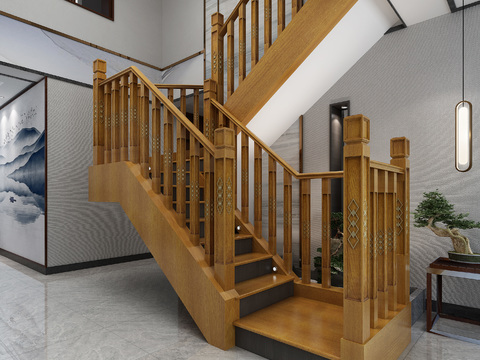 Neo-Chinese Style solid wood staircase