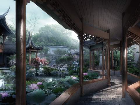 Neo-Chinese Style bridge pavilion park psd