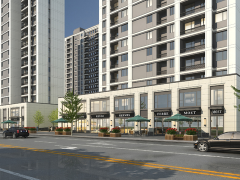 Shops along the street in modern residential buildings