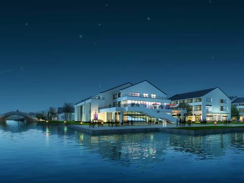 Neo-Chinese Style seaside commercial building appearance night scene psd