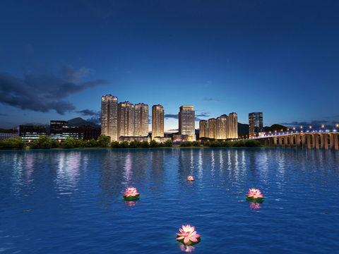 Modern City River Landscape Night View