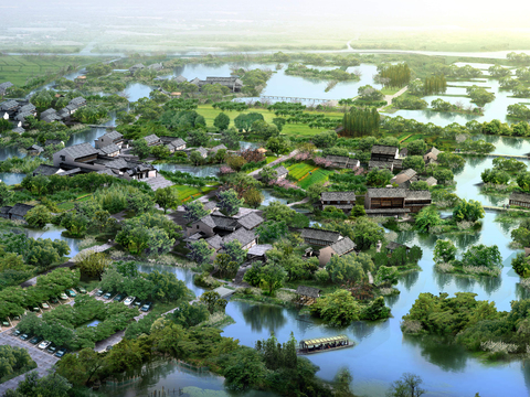 Neo-Chinese Style wetland garden bird's eye view psd