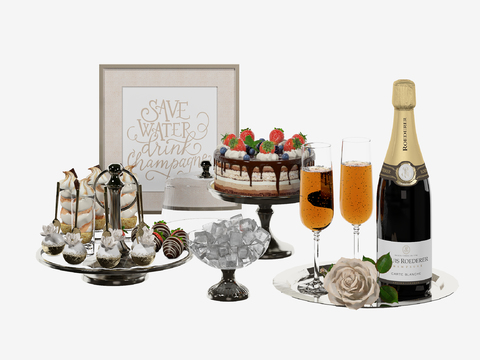 gourmet dessert cake champagne wine ice