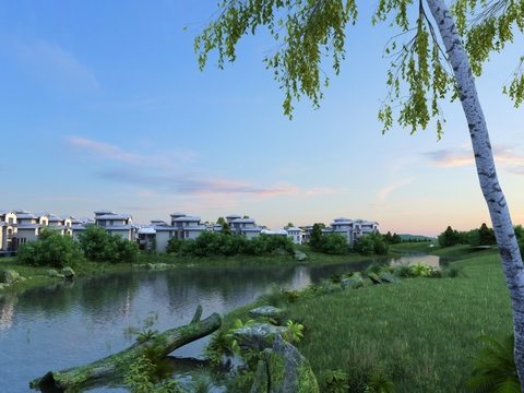 Riverside view of modern villa area