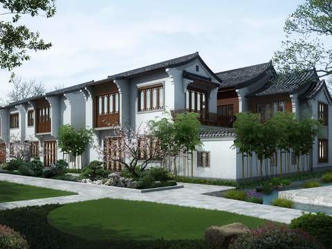 Neo-Chinese Style ancient building folk garden landscape psd