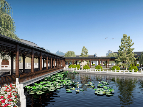 Chinese-style promenade pond landscape