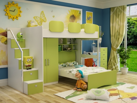 Modern children's high and low bed wardrobe bucket cabinet toy combination