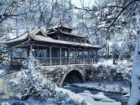 Chinese snow covered bridge psd