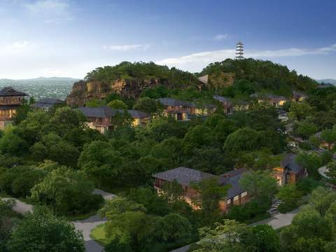 Chinese Mountain Forest Residential Building Appearance Aerial View psd