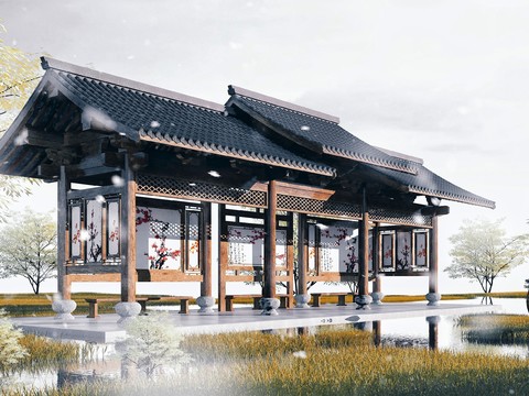 Chinese-style Ancient Building Corridor Wind and Rain Pavilion