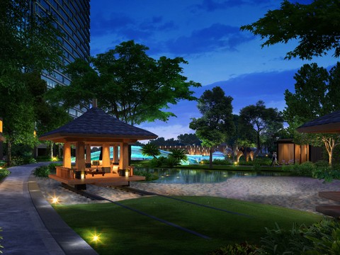 Neo-Chinese Style courtyard garden night landscape psd