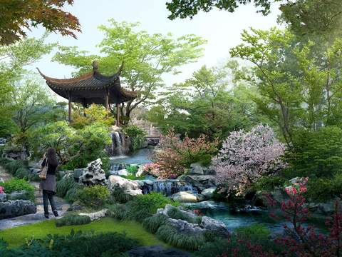 Neo-Chinese Style flowing water garden landscape psd