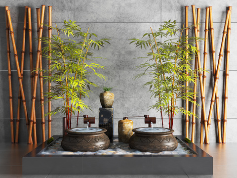 Neo-Chinese Style Bamboo Water Tank Gardening Waterscape