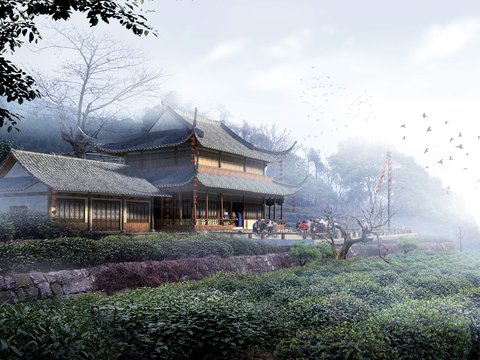 chinese style architectural appearance garden landscape psd