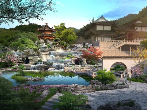 Neo-Chinese Style fake stone flowing water ancient building appearance psd