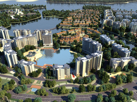 Aerial view of modern lakeside city