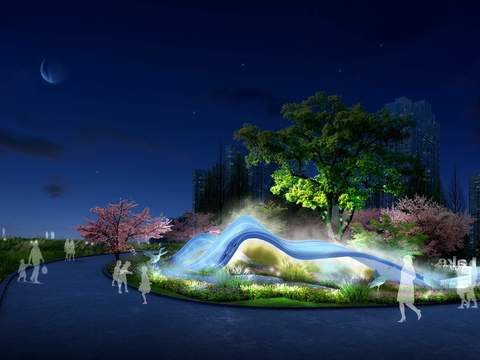 park sculpture night scene psd