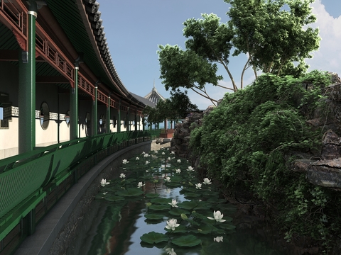 Landscape of Lotus Pond in Chinese-style Ancient Corridor