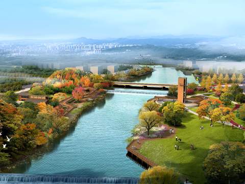 Neo-Chinese Style wetland garden bird's eye view psd