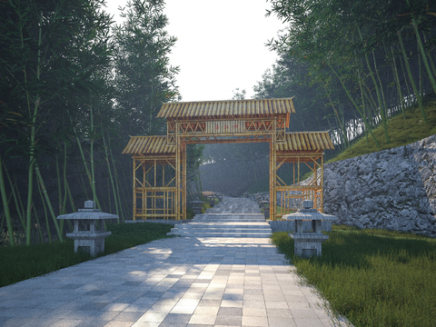 Chinese-style archway bamboo archway forest path